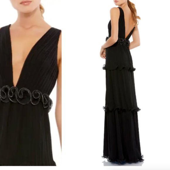 MAC DUGGAL PLUNGE NECK ROSETTE DETAIL PLEATED A-LINE BLACK GOWN sz 6 - Picture 2 of 4